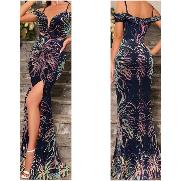 Luxe Baby Blue Sequin Cold Shoulder Party Evening Wedding Prom Dress - Picture 10 of 13